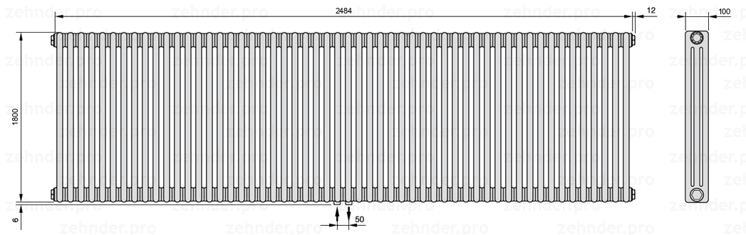 Схема (чертеж) Радиатор Zehnder Charleston 3180/54 №3470 Белый глянцевый RAL 9016